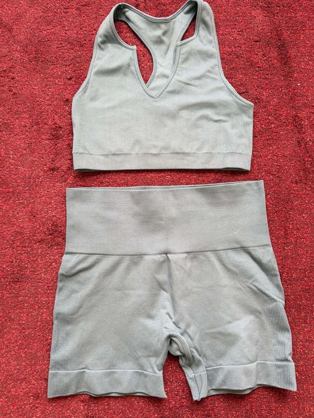 Gymshark - inspired Grey Seamless Ribbed Sports Bra and High Waist Shorts Set